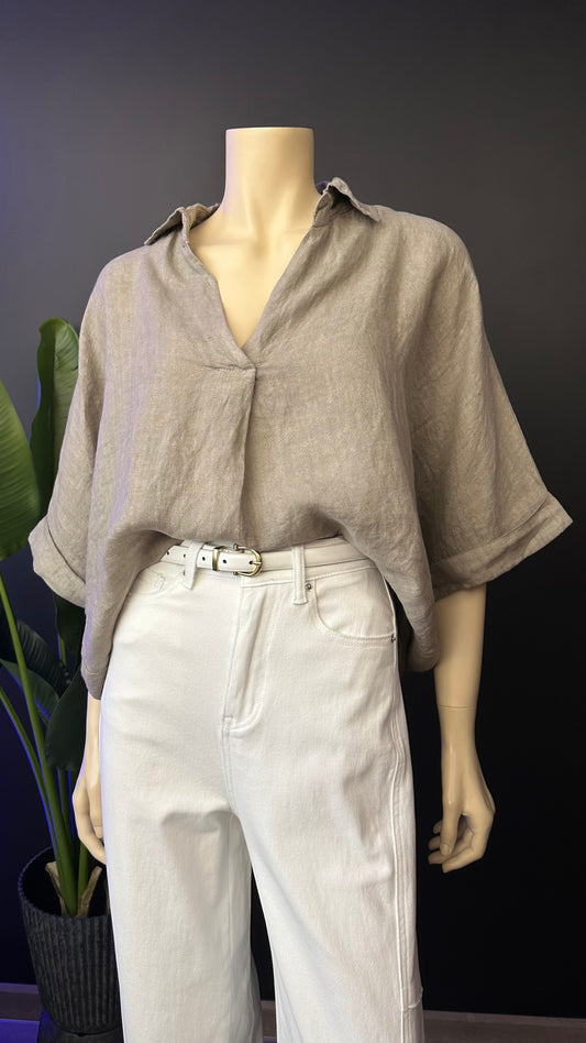 Blusa Italiana 100% Lino Oversize Taupe