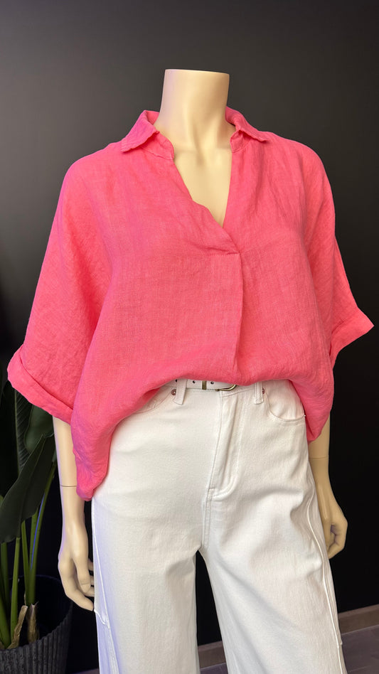 Blusa Italiana 100% Lino Oversize Coral