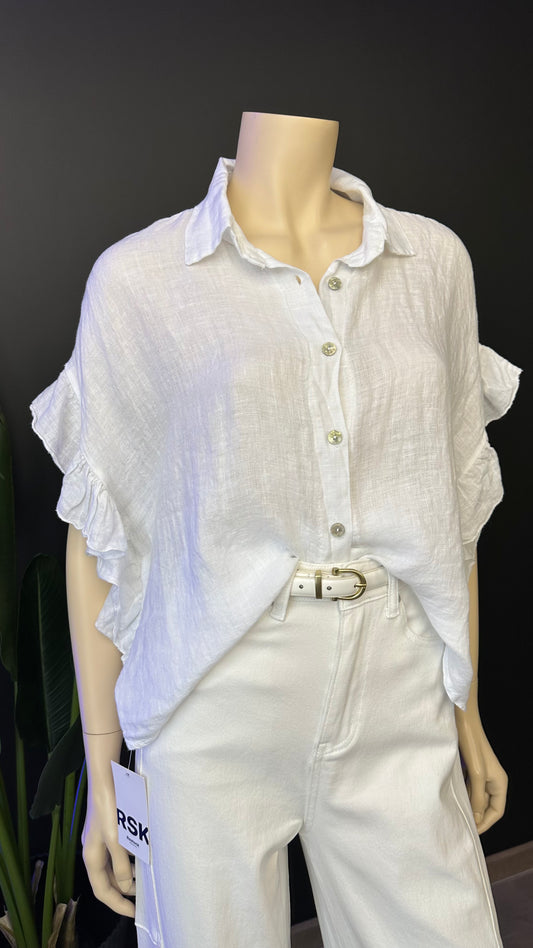 Blusa Italiana 100% Lino con Vuelos Blanco Natural