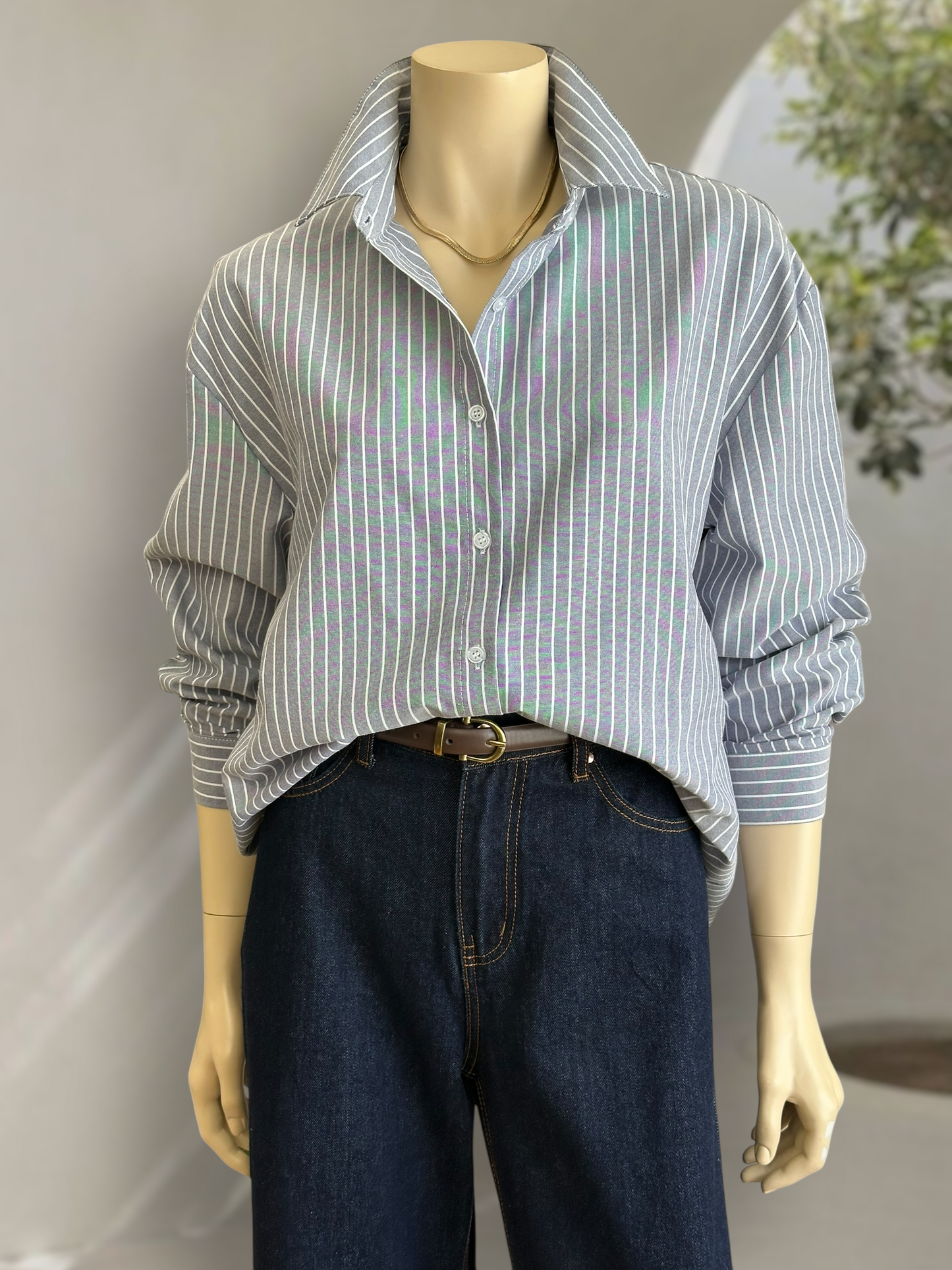 Blusa Rayas Clásica Gris Azulado