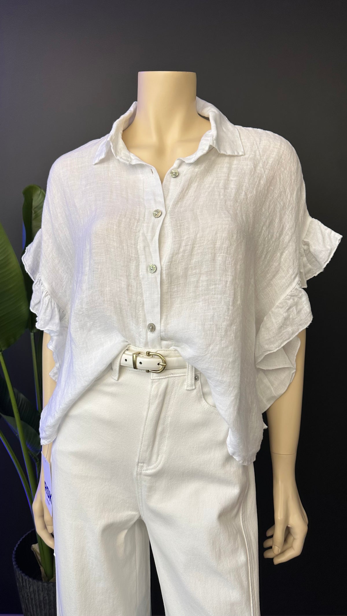 Blusa Italiana 100% Lino con Vuelos Blanco Natural