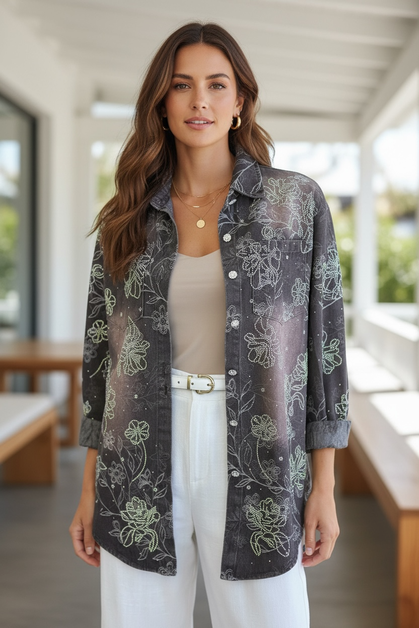 Chaqueta Mezclilla Floral Café