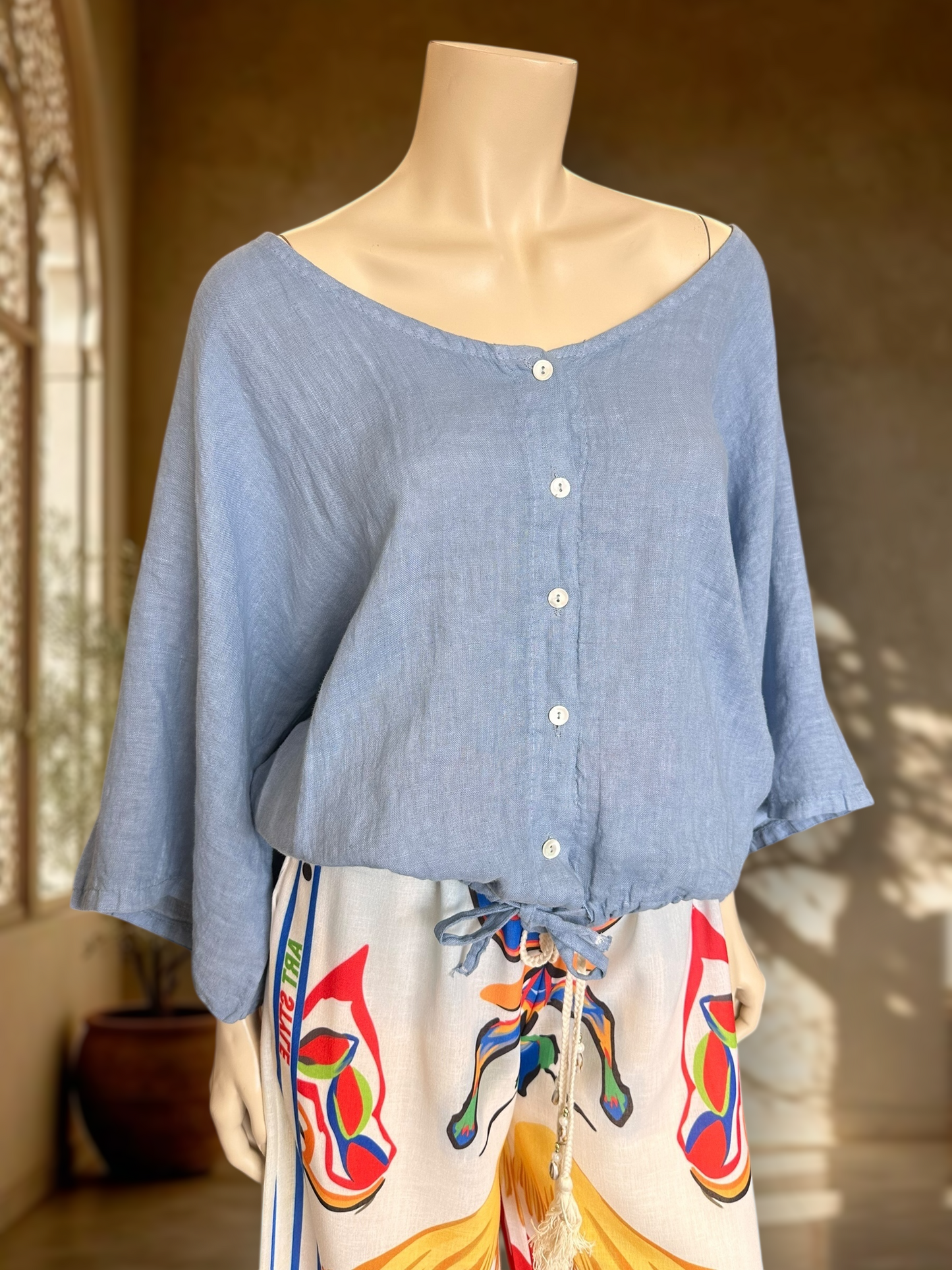Blusa Italiana Lino Celeste