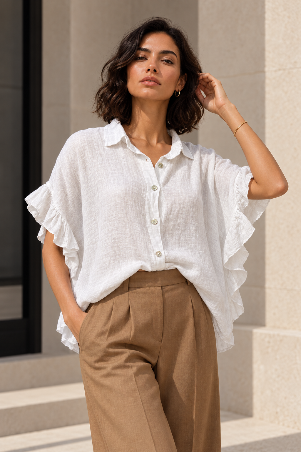 Blusa Italiana 100% Lino con Vuelos Blanco Natural