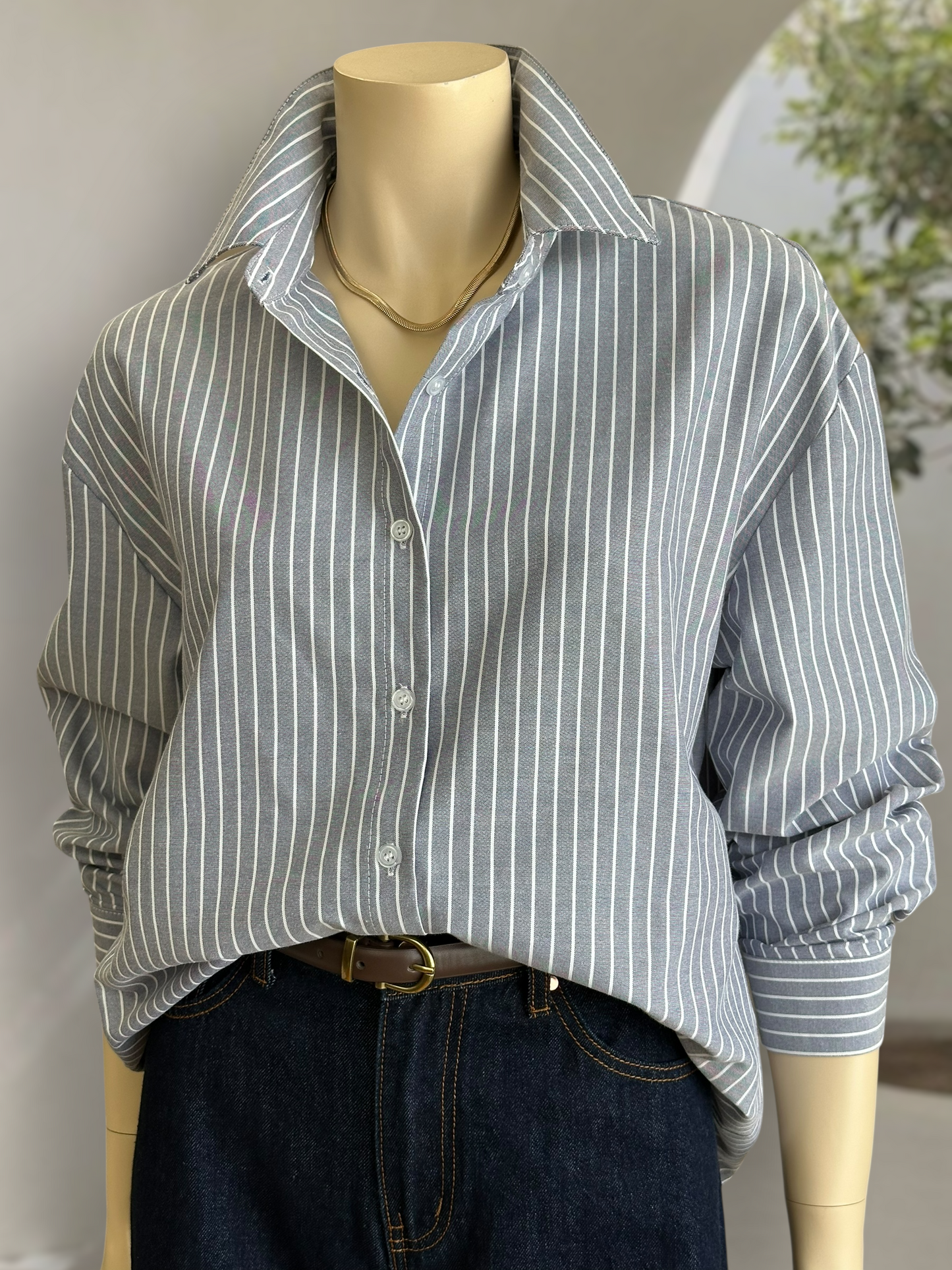 Blusa Rayas Clásica Gris Azulado