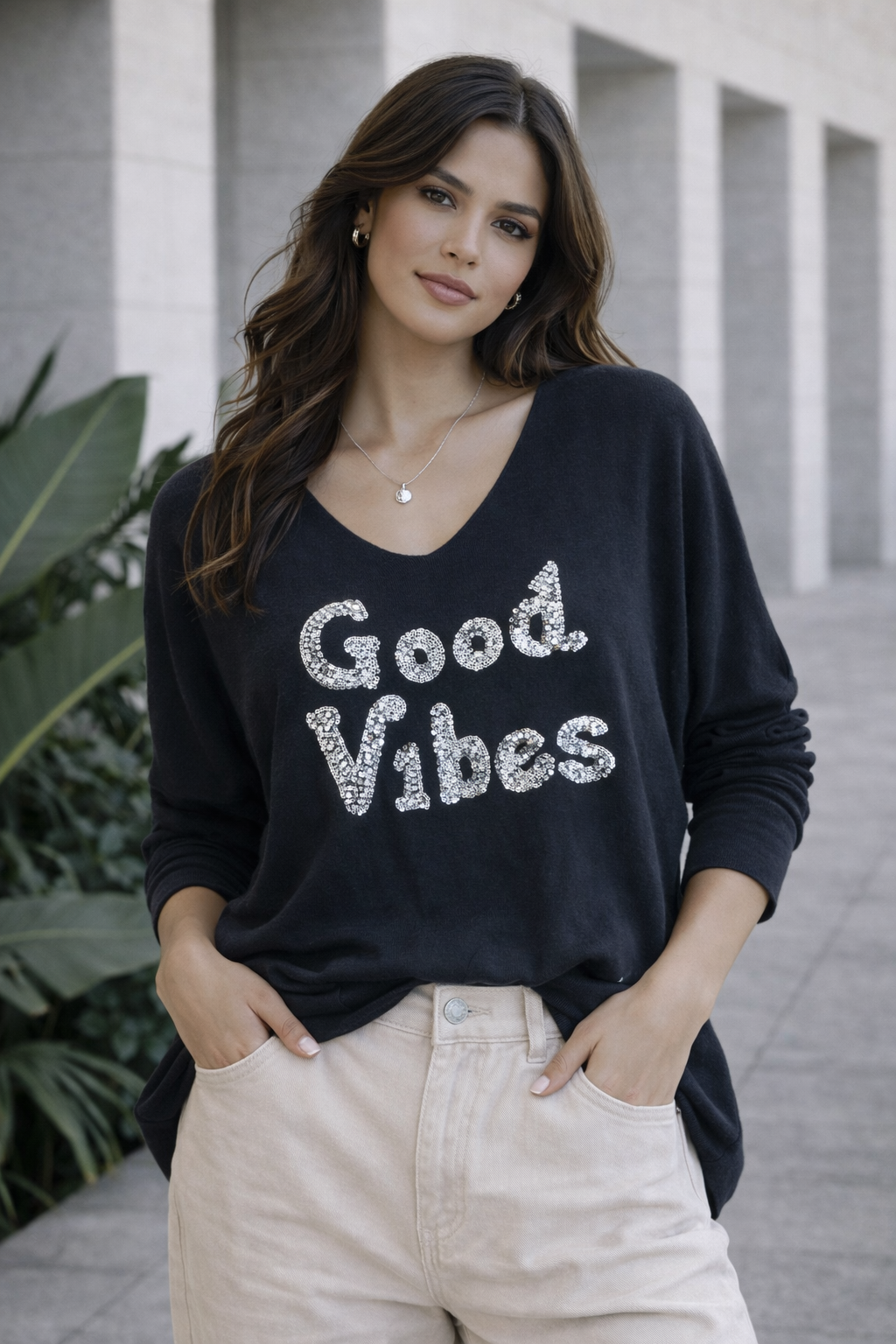 Sweater Good Vibes Italiano Negro