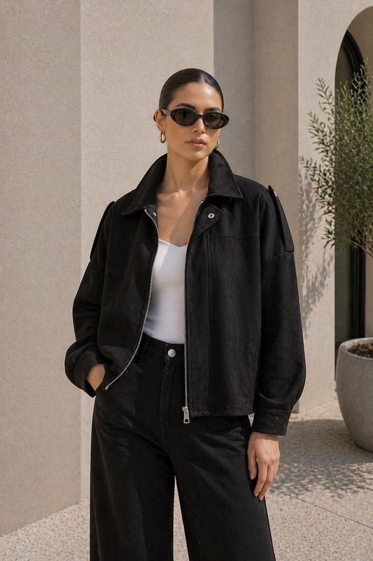Chaqueta Bomber Suede Negro