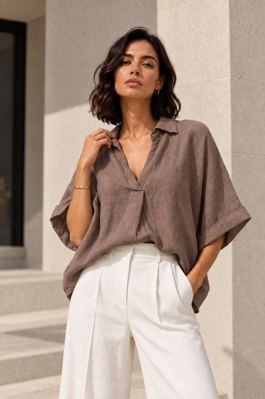 Blusa Italiana 100% Lino Oversize Café