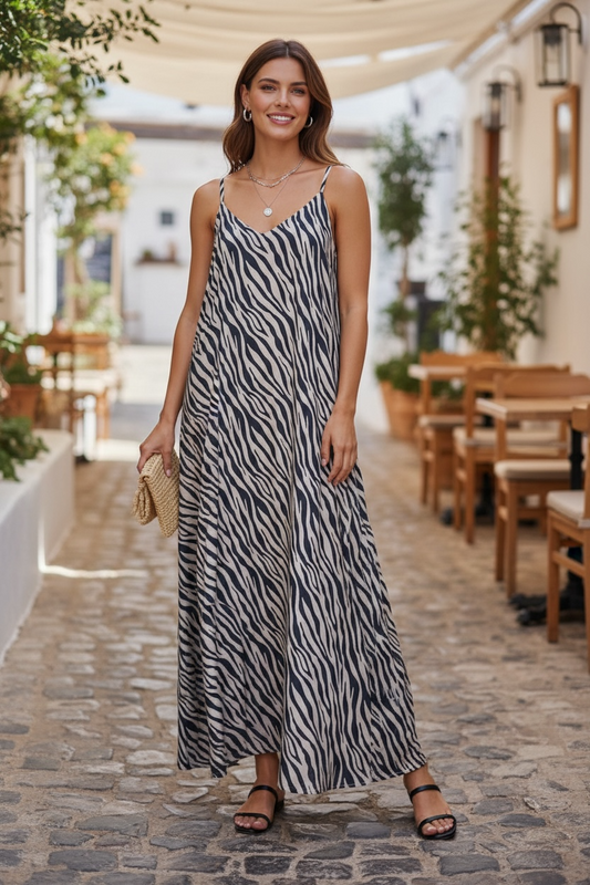 Maxi Vestido Aninal Print Negro Mix