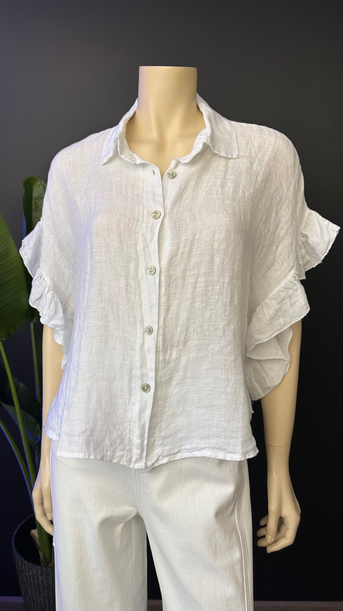 Blusa Italiana 100% Lino con Vuelos Blanco Natural