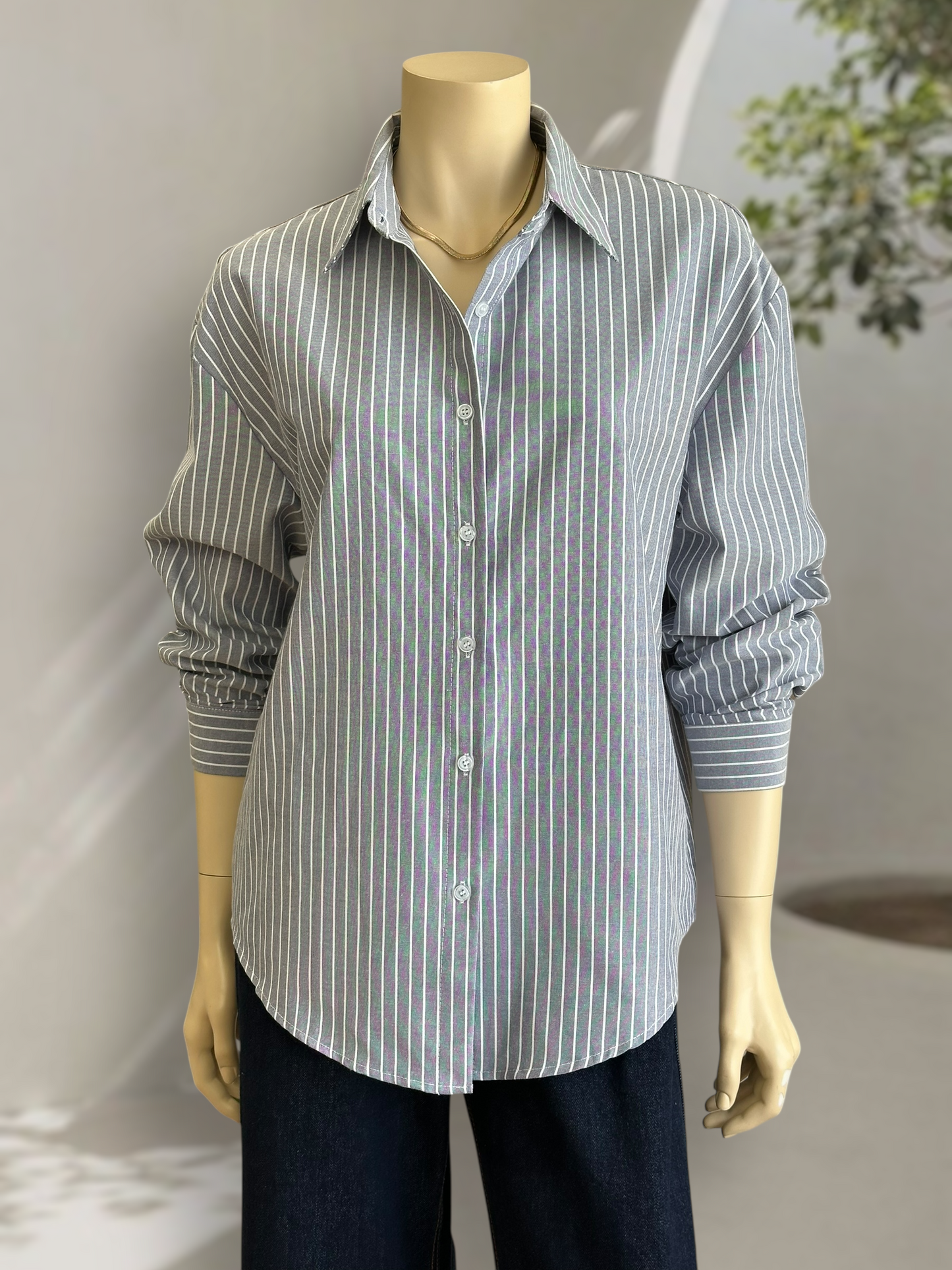 Blusa Rayas Clásica Gris Azulado