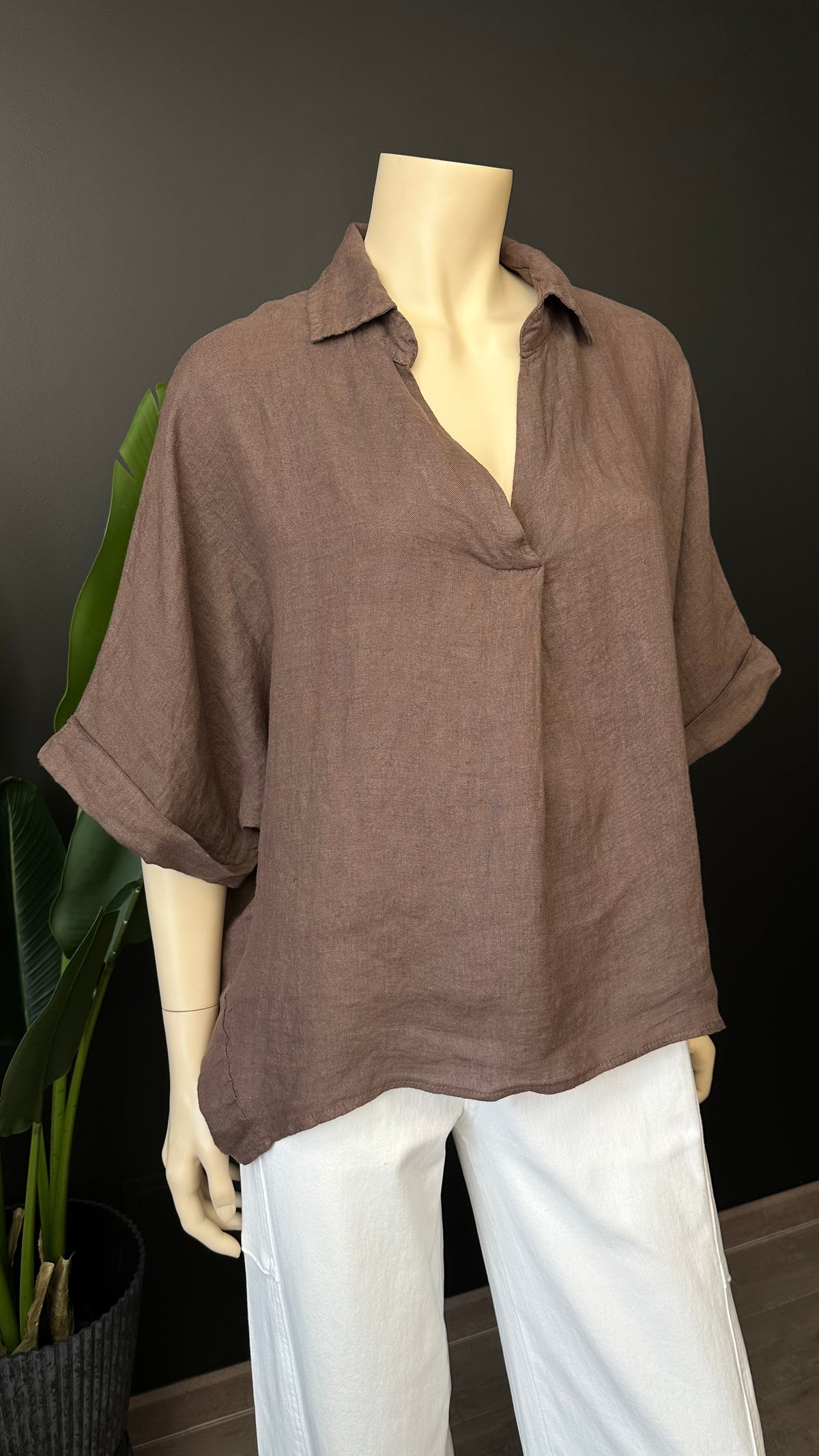 Blusa Italiana 100% Lino Oversize Café