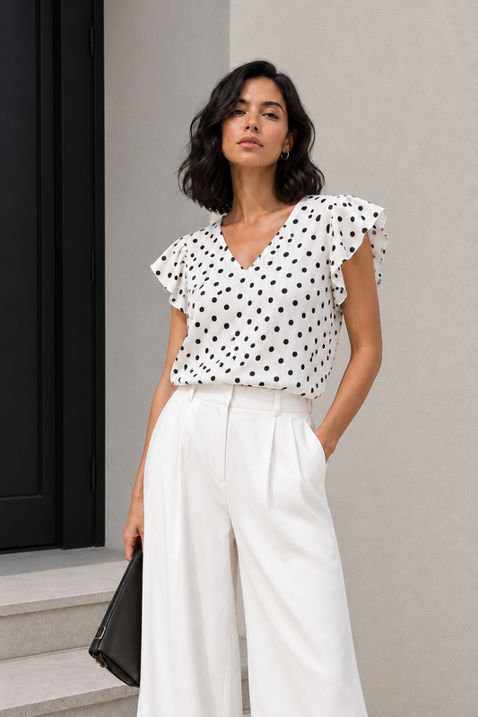 Blusa Lunares con Volantes Blanco
