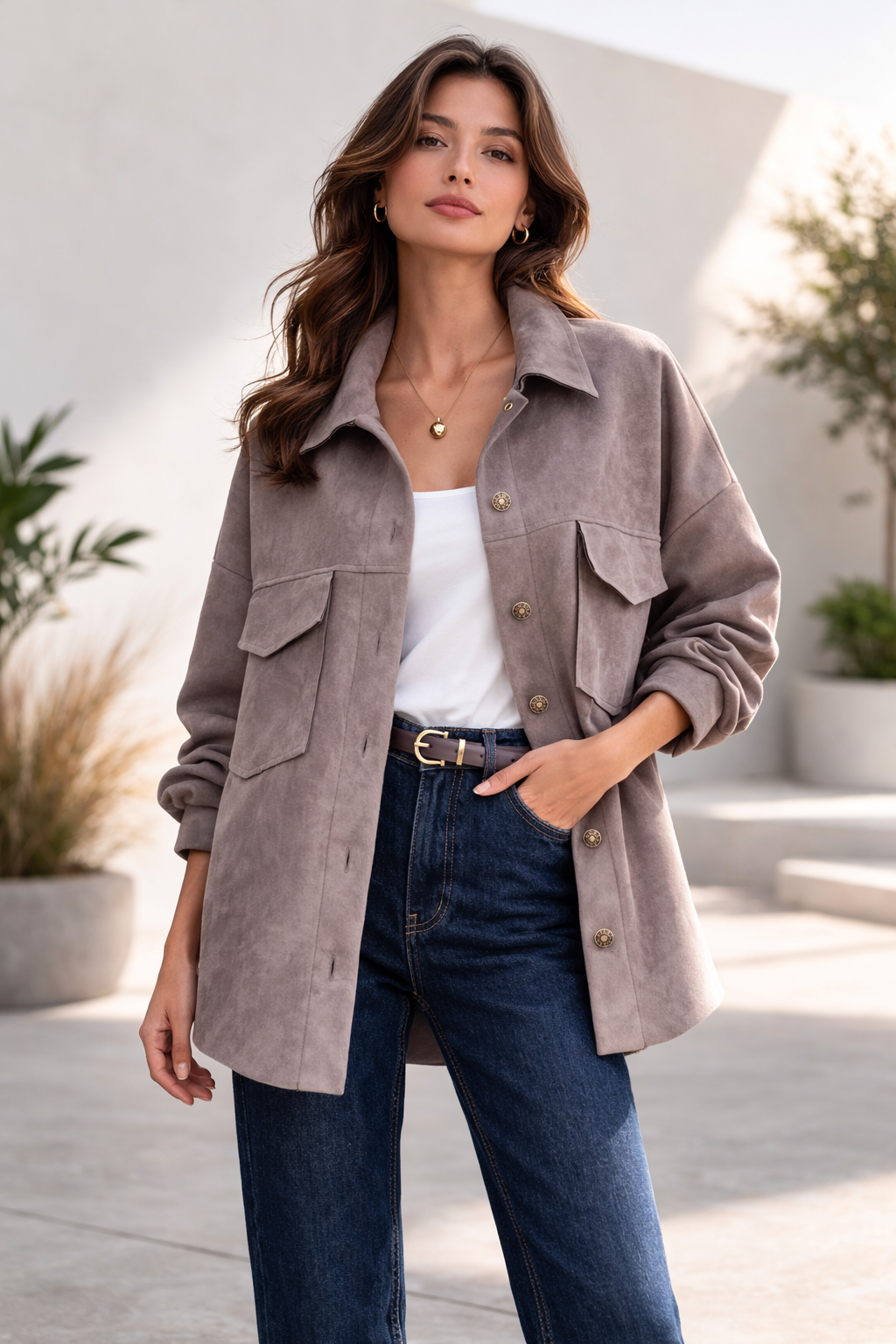 Chaqueta Tipo Sobrecamisa Símil Gamuza Chocolate