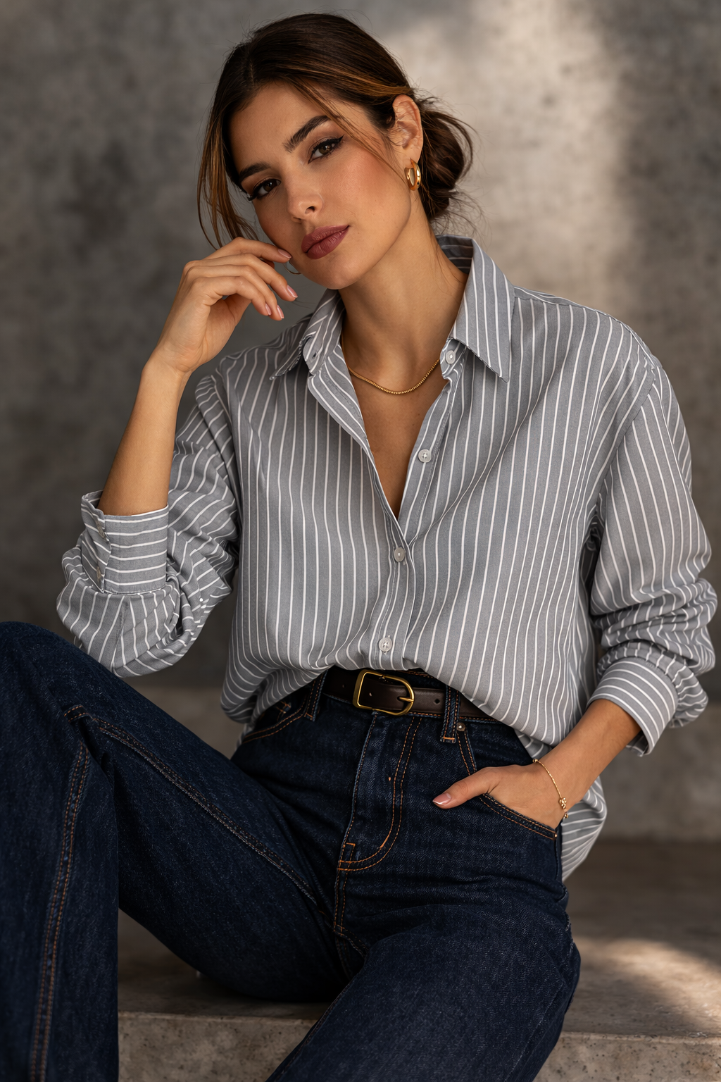 Blusa Rayas Clásica Gris Azulado