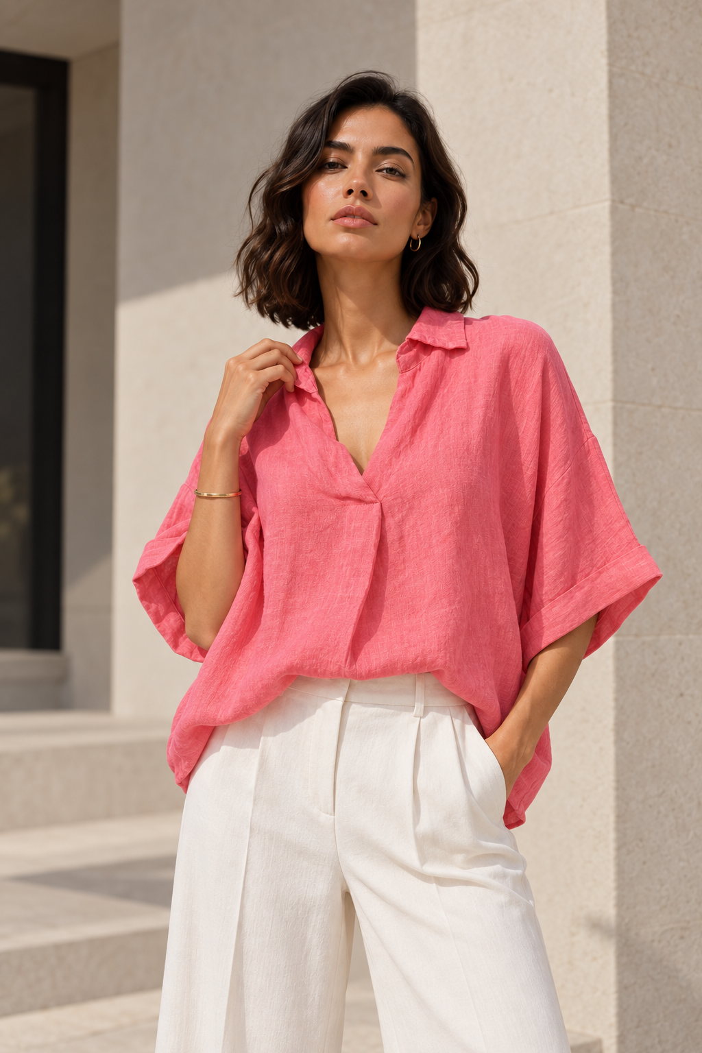 Blusa Italiana 100% Lino Oversize Coral
