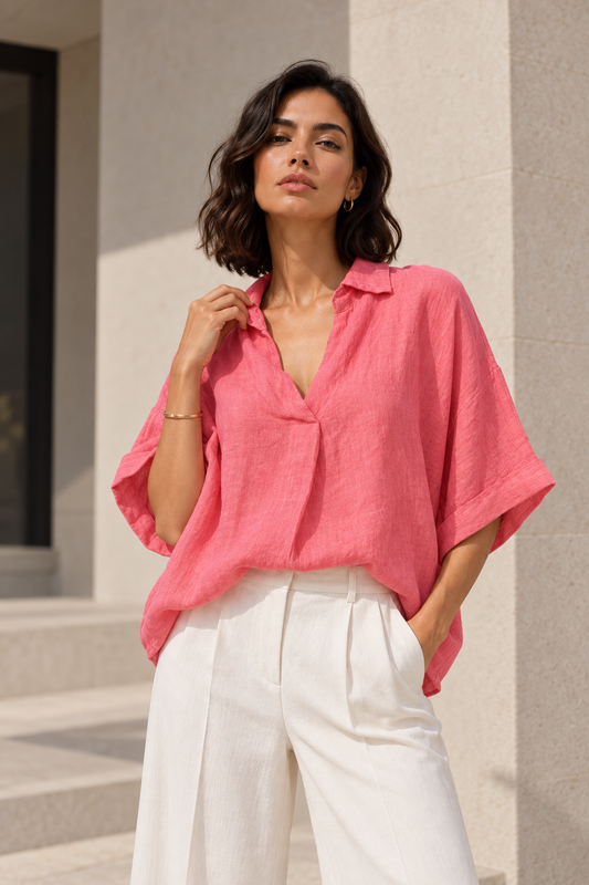 Blusa Italiana 100% Lino Oversize Coral