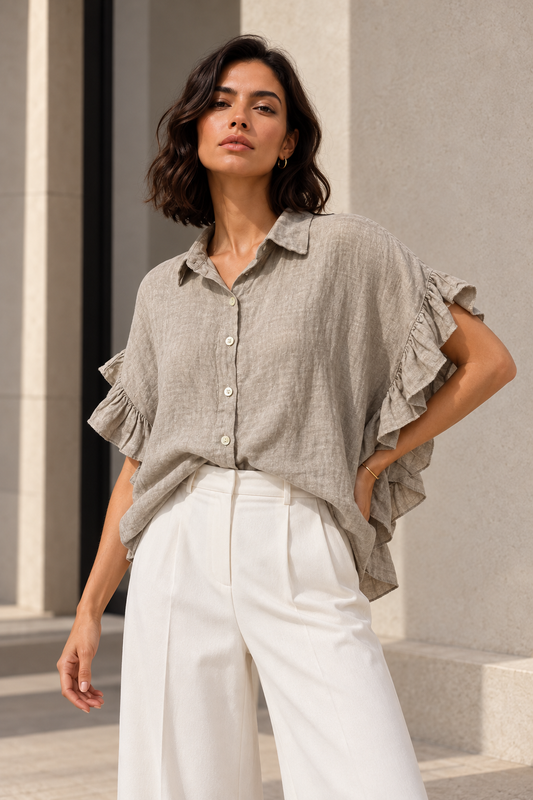 Blusa Italiana 100% Lino con Vuelos Taupe