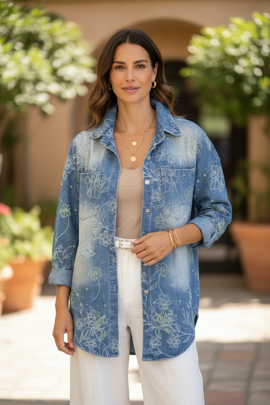 Chaqueta Mezclilla Floral Azul