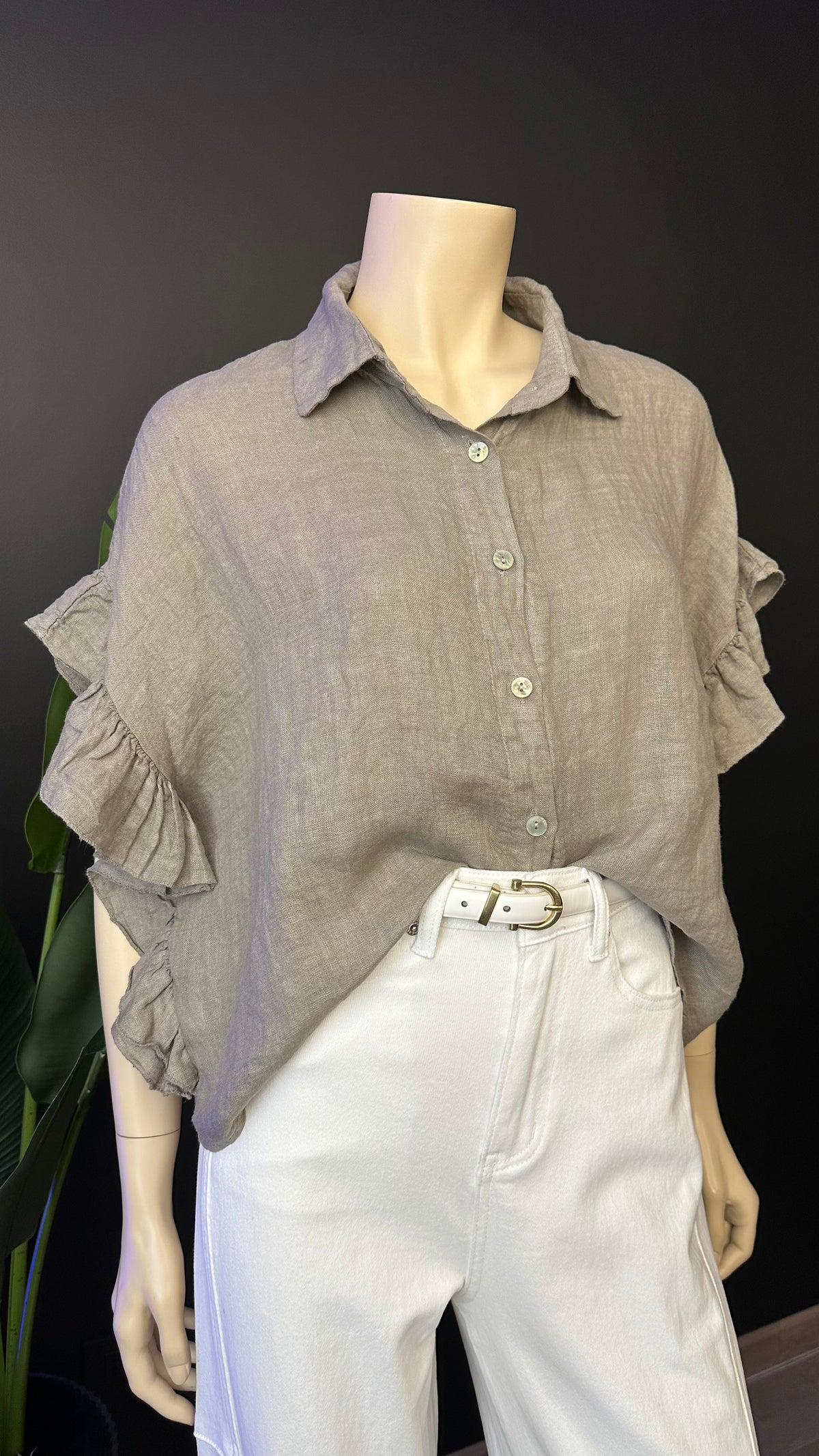 Blusa Italiana 100% Lino con Vuelos Taupe