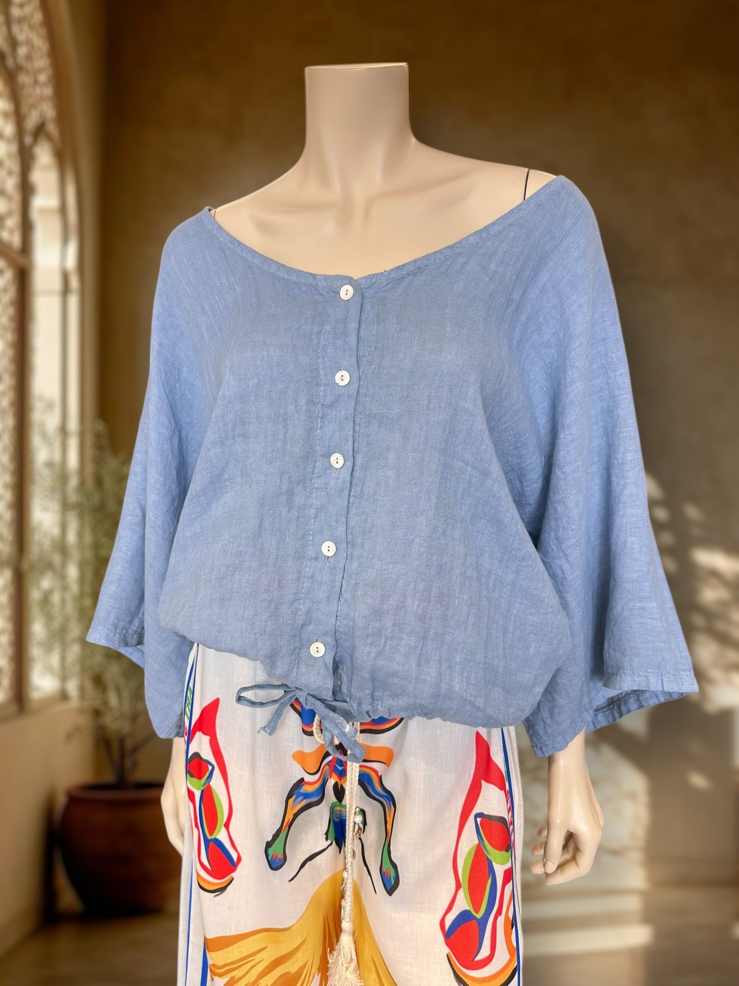 Blusa Italiana Lino Celeste