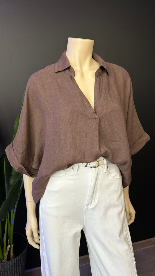 Blusa Italiana 100% Lino Oversize Café