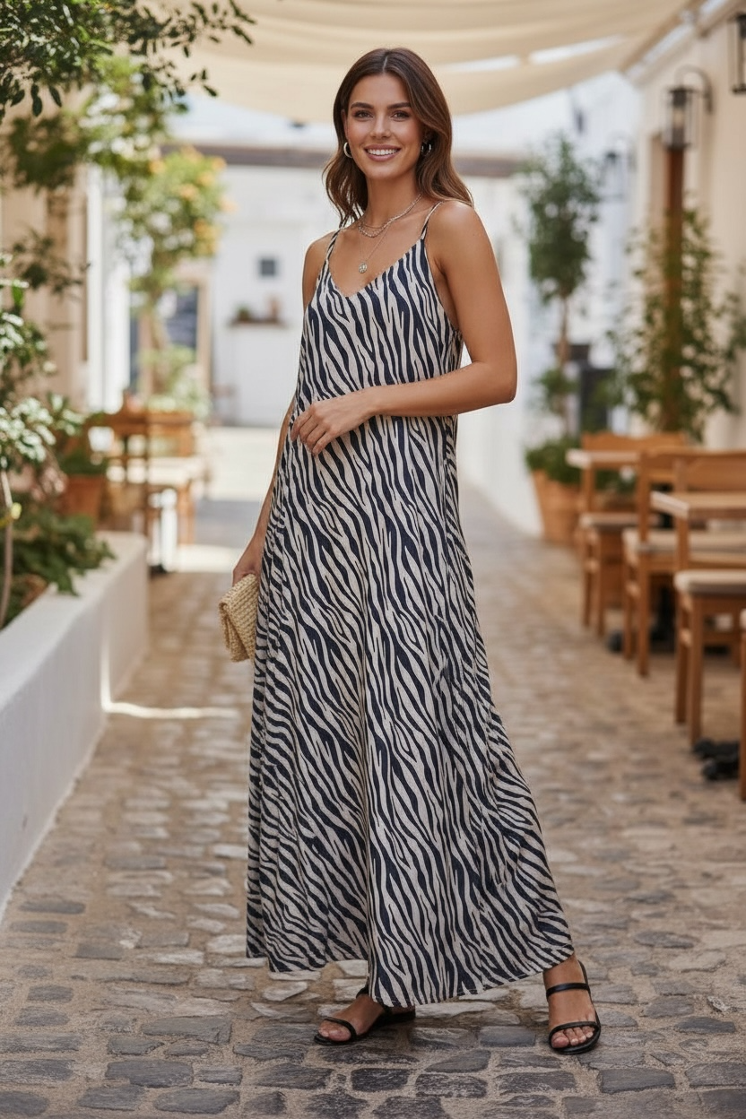 Maxi Vestido Aninal Print Negro Mix