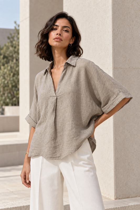 Blusa Italiana 100% Lino Oversize Taupe